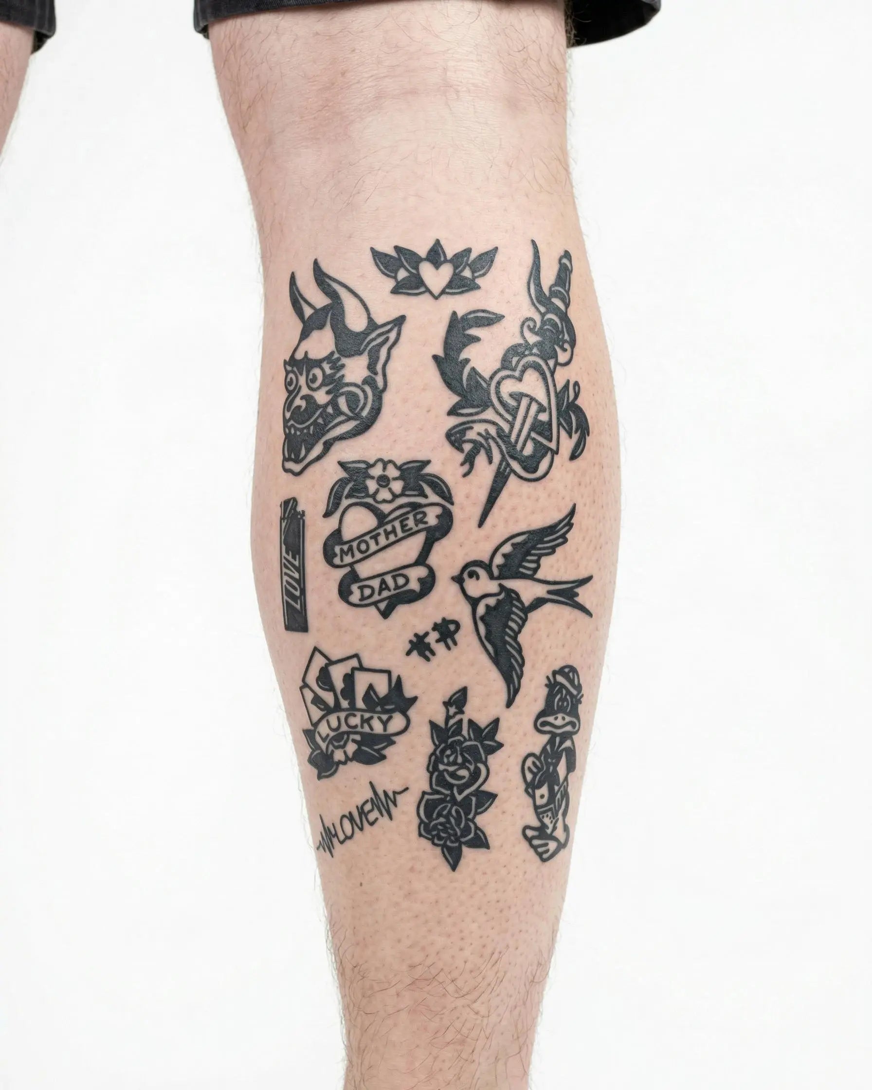 Tatuaggio semi-permanente INKON Flash Sheet Old School applicato su un uomo – design 4 x 7 in (10x17cm), aspetto realistico dell'inchiostro, dura 10 giorni