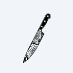 Design del tatuaggio semi-permanente Rose Chef's Knife di INKON – illustrazione blackwork di coltello da chef inciso con rose, 3 x 4 in (6x11cm), disponibile su inkon.co