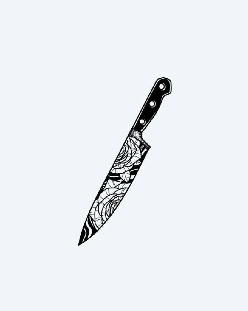 Design del tatuaggio semi-permanente Rose Chef's Knife di INKON – illustrazione blackwork di coltello da chef inciso con rose, 3 x 4 in (6x11cm), disponibile su inkon.co