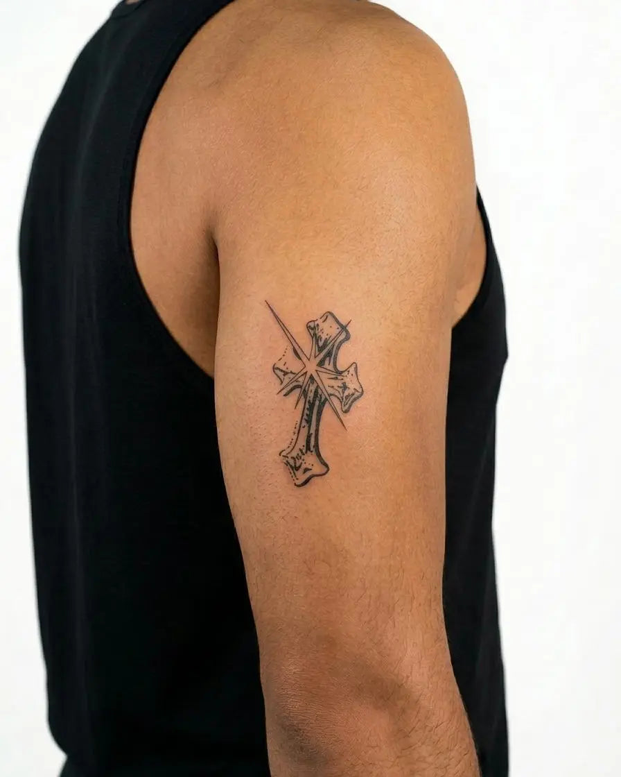 Tatuaggio semi-permanente INKON Gothic Cross 2 applicato su un uomo – design 3 x 4 in (7x10cm), aspetto realistico dell'inchiostro, dura 10 giorni