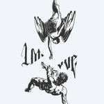 Design del tatuaggio semi-permanente Fallen Angels & Lettering di INKON – illustrazione drammatica, scena, cade, angelo, protende, 4 x 8 in (11x21cm), disponibile su inkon.co