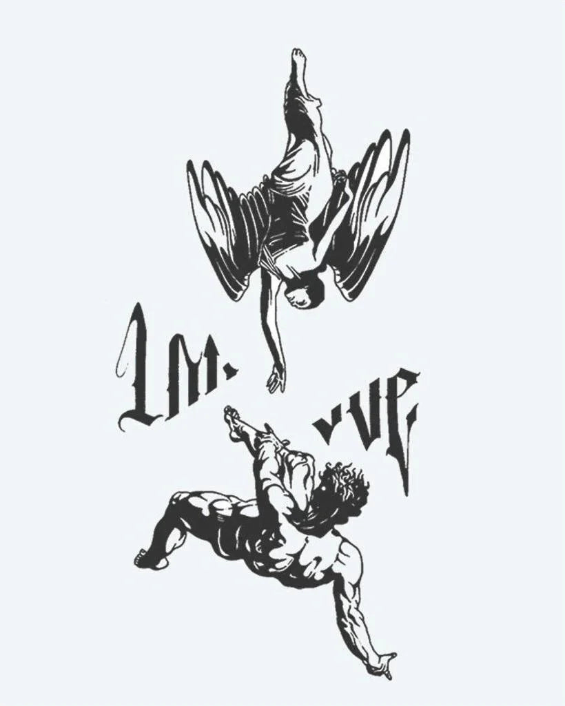 Design del tatuaggio semi-permanente Fallen Angels & Lettering di INKON – illustrazione drammatica, scena, cade, angelo, protende, 4 x 8 in (11x21cm), disponibile su inkon.co