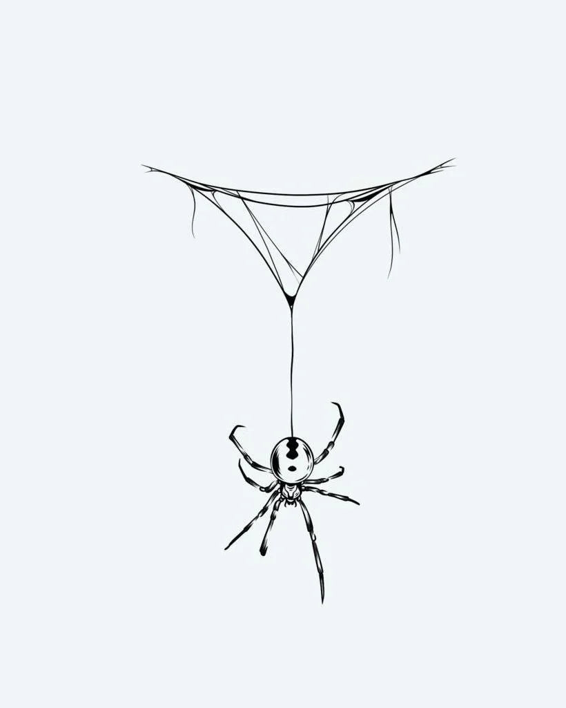Design del tatuaggio semi-permanente Venomous Spider Drop di INKON – illustrazione blackwork di ragno velenoso appeso a una ragnatela, 4 x 7 in (10x17cm), disponibile su inkon.co
