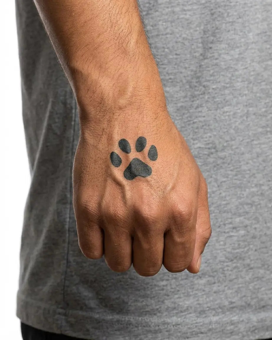 Tatuaggio semi-permanente INKON Single Paw Print applicato su un uomo – design 2 x 2 in (5x5cm), aspetto realistico dell'inchiostro, dura 10 giorni