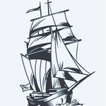 Design del tatuaggio semi-permanente Veliero di INKON – illustrazione alta, nave, piene, vele, fende, 4 x 7 in (10x17cm), disponibile su inkon.co
