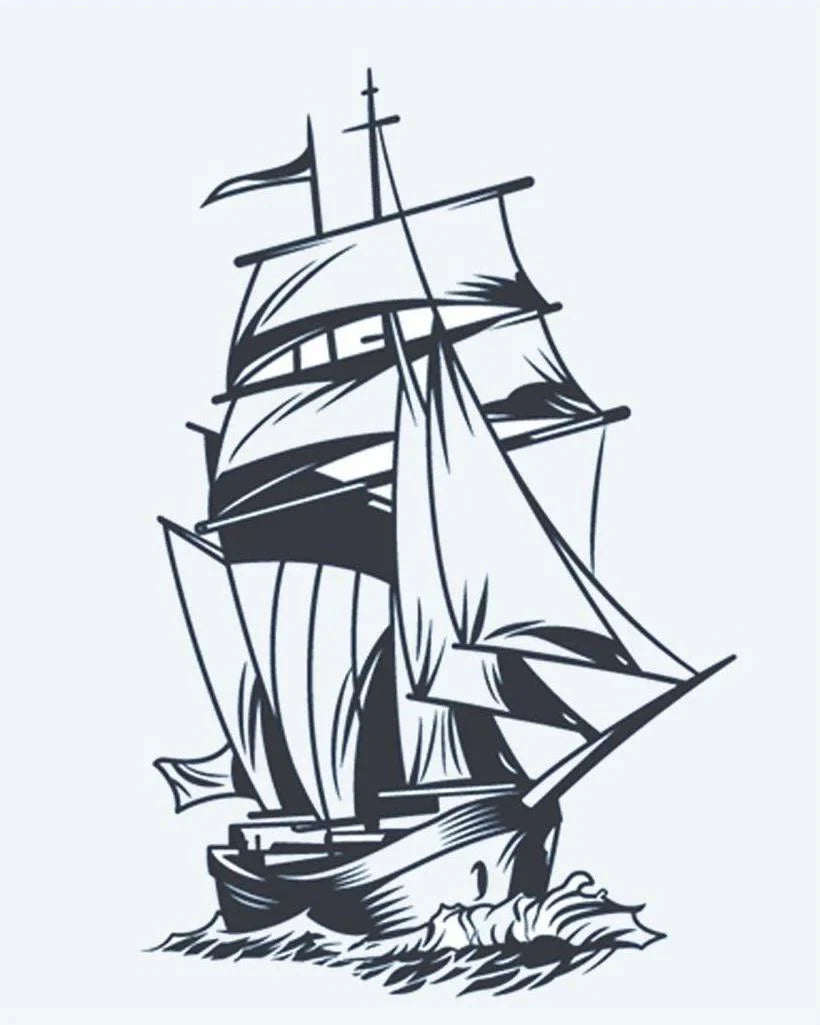 Design del tatuaggio semi-permanente Veliero di INKON – illustrazione alta, nave, piene, vele, fende, 4 x 7 in (10x17cm), disponibile su inkon.co