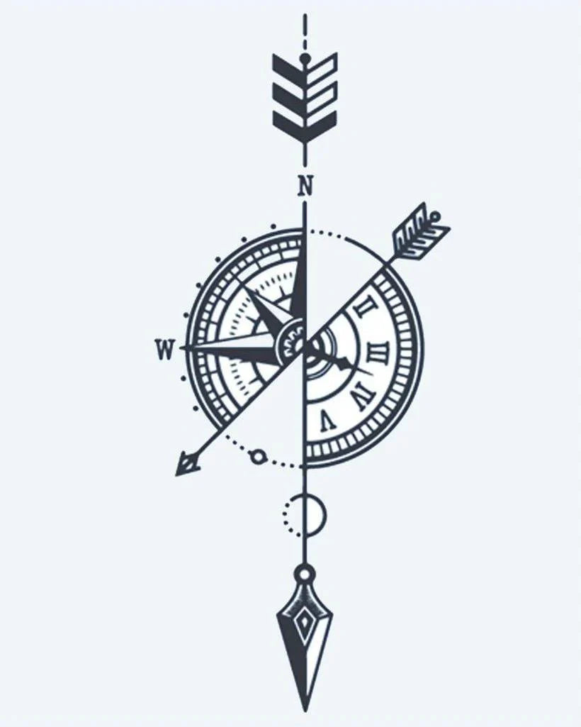 Design del tatuaggio semi-permanente Bussola e Freccia di INKON – illustrazione bussola, rosa, fusa, orologio, quadrante, 4 x 7 in (10x17cm), disponibile su inkon.co