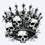 Design del tatuaggio semi-permanente Skull Crown di INKON – illustrazione corona, molteplici, umani, teschi, ornata, 4 x 4 in (9x9cm), disponibile su inkon.co
