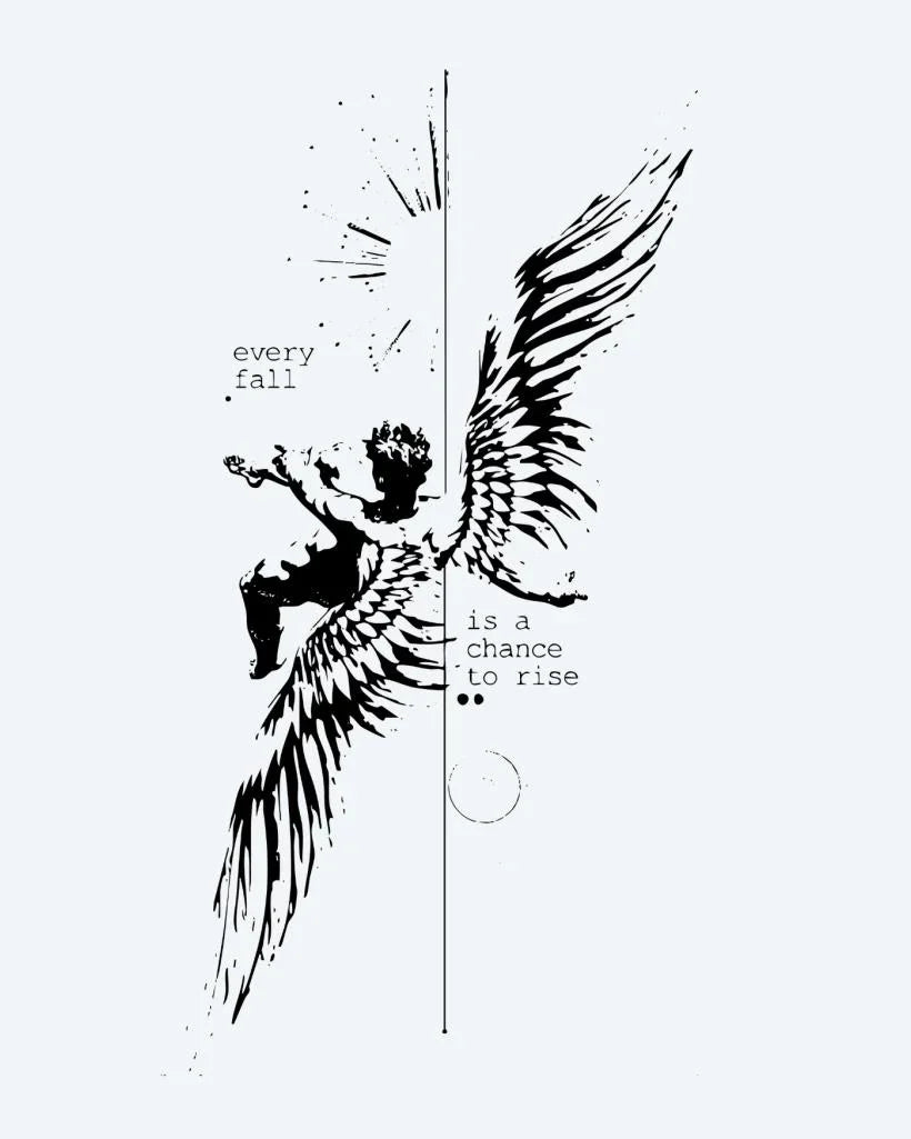 Design del tatuaggio semi-permanente Fallen Angel & Quote di INKON – illustrazione ispirante, caduto, angelo, spiegate, ali, 4 x 8 in (11x21cm), disponibile su inkon.co