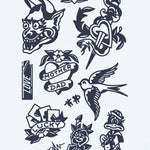 Design del tatuaggio semi-permanente Flash Sheet Old School di INKON – illustrazione american, flash, sheet, maschera, rondine, 4 x 7 in (10x17cm), disponibile su inkon.co
