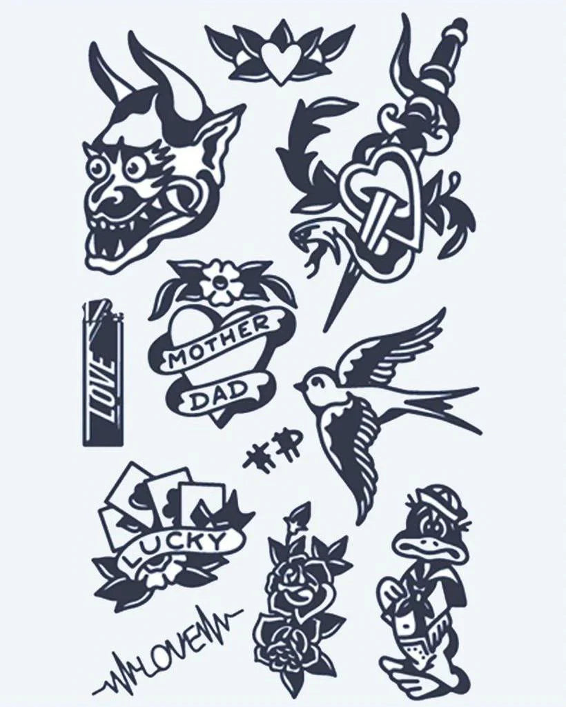 Design del tatuaggio semi-permanente Flash Sheet Old School di INKON – illustrazione american, flash, sheet, maschera, rondine, 4 x 7 in (10x17cm), disponibile su inkon.co