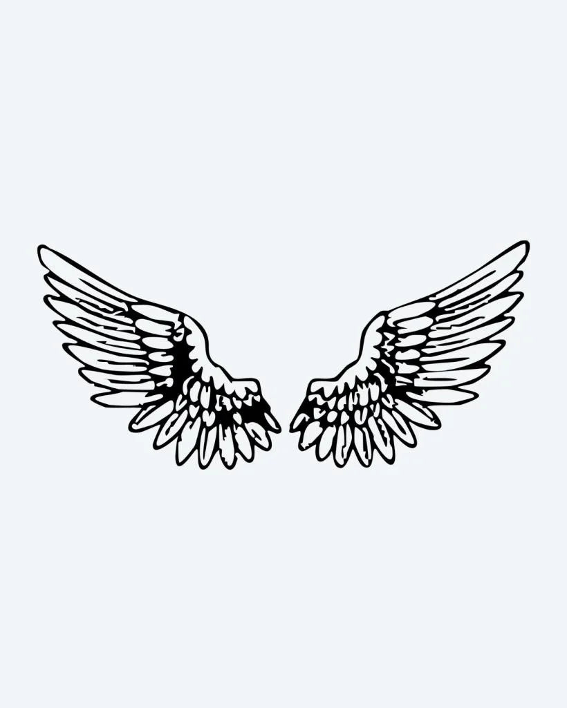 Design del tatuaggio semi-permanente Angel Wings Pair di INKON – illustrazione aperte, angelo, ali, illustrativo, piume, 4 x 8 in (11x21cm), disponibile su inkon.co