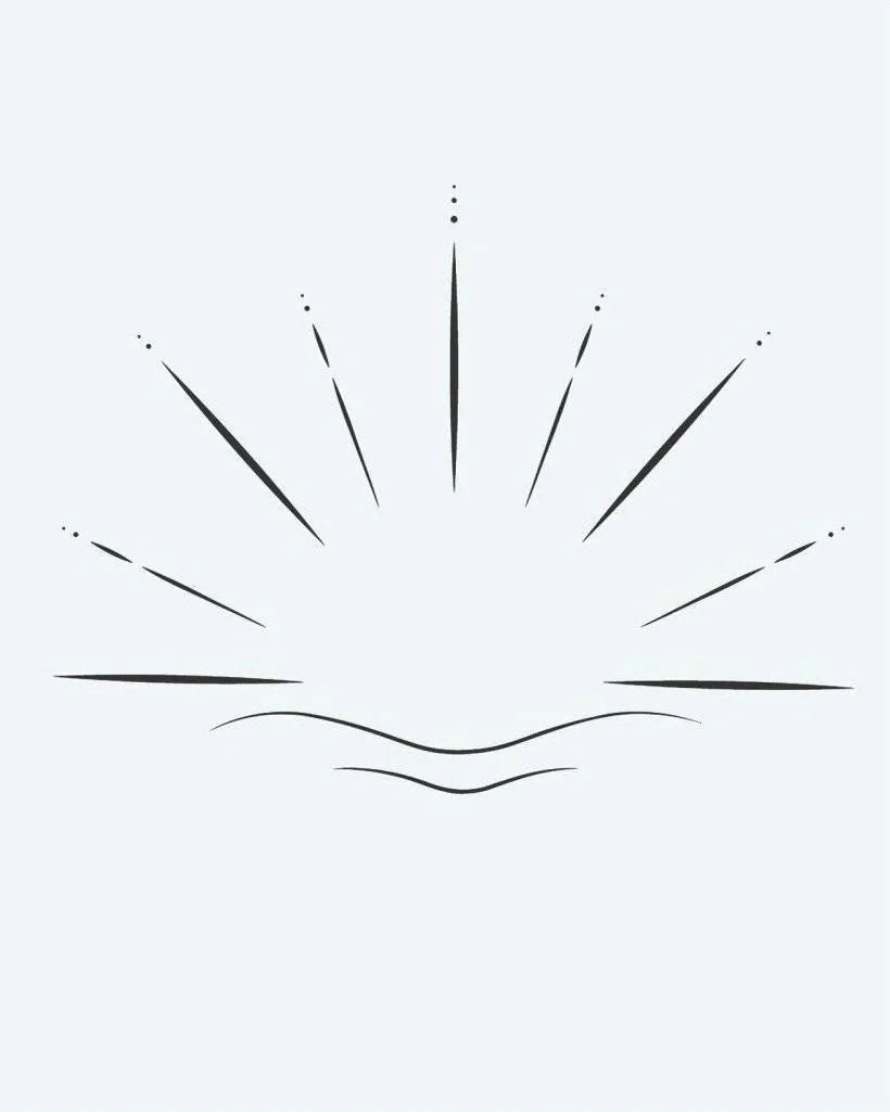 Design del tatuaggio semi-permanente Sunrise Horizon di INKON – illustrazione di alba minimalista con raggi radianti, 2 x 2 in (5x5cm), disponibile su inkon.co