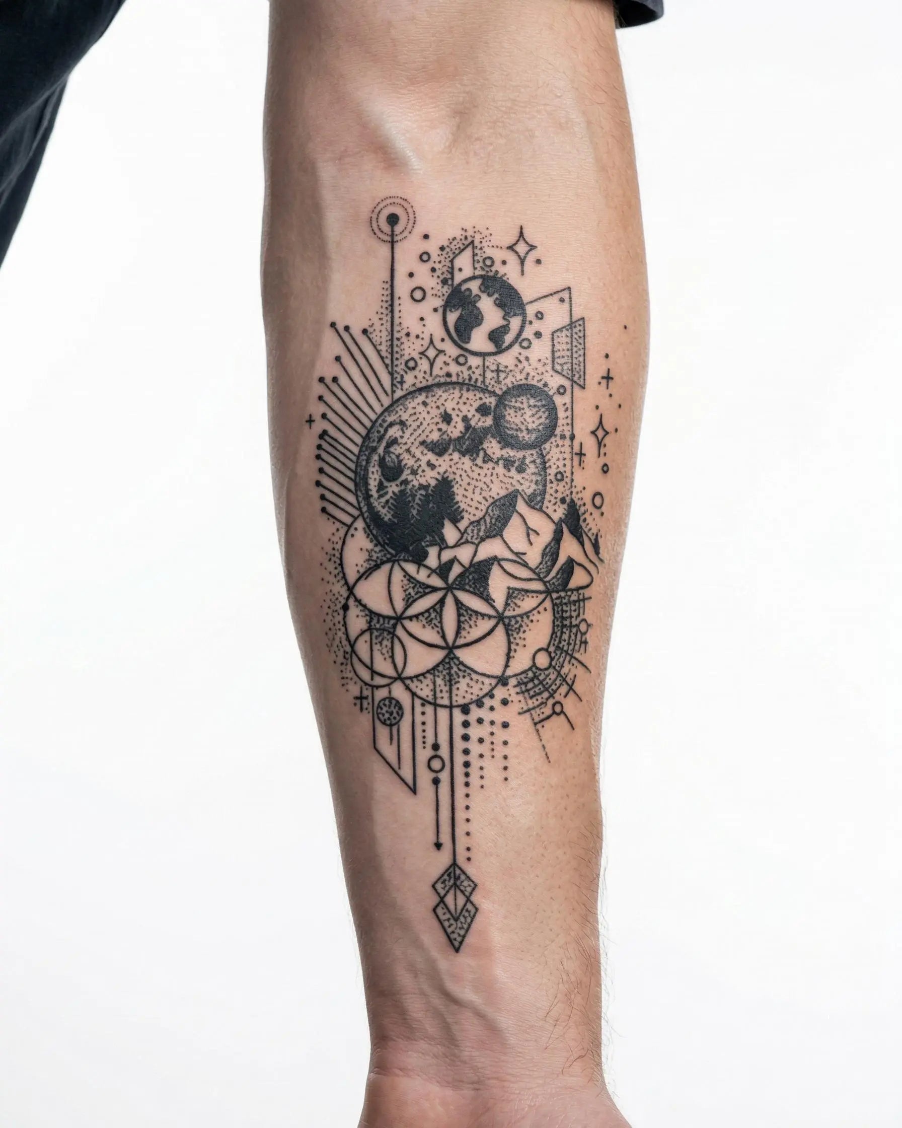 Tatuaggio semi-permanente INKON Luna Cosmica e Geometria applicato su un uomo – design 4 x 7 in (10x17cm), aspetto realistico dell'inchiostro, dura 10 giorni