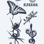 Design del tatuaggio semi-permanente Flash Sheet Dark di INKON – illustrazione flash, farfalla, ragno, serpente, proiettili, 4 x 7 in (10x17cm), disponibile su inkon.co