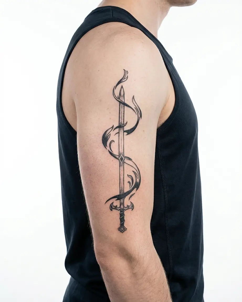 Tatuaggio semi-permanente INKON Sword & Dark Flames applicato su un uomo – design 4 x 8 in (11x21cm), aspetto realistico dell'inchiostro, dura 10 giorni