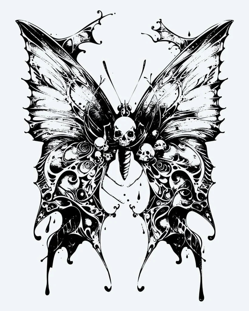 Design del tatuaggio semi-permanente Farfalla Teschio di INKON – illustrazione gotica, farfalla, ornate, ali, incastonate, 4 x 7 in (10x17cm), disponibile su inkon.co