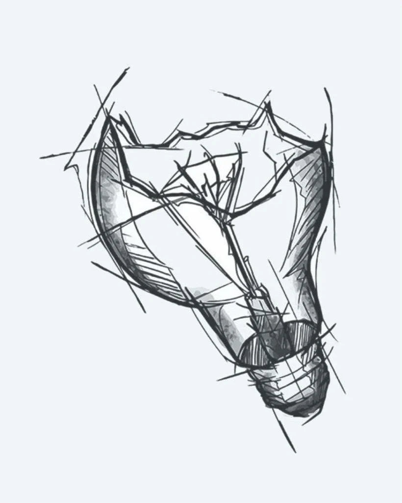Design del tatuaggio semi-permanente Broken Light Bulb di INKON – illustrazione abbozzata, rotta, lampadina, luce, illustrativo, 3 x 4 in (7x10cm), disponibile su inkon.co