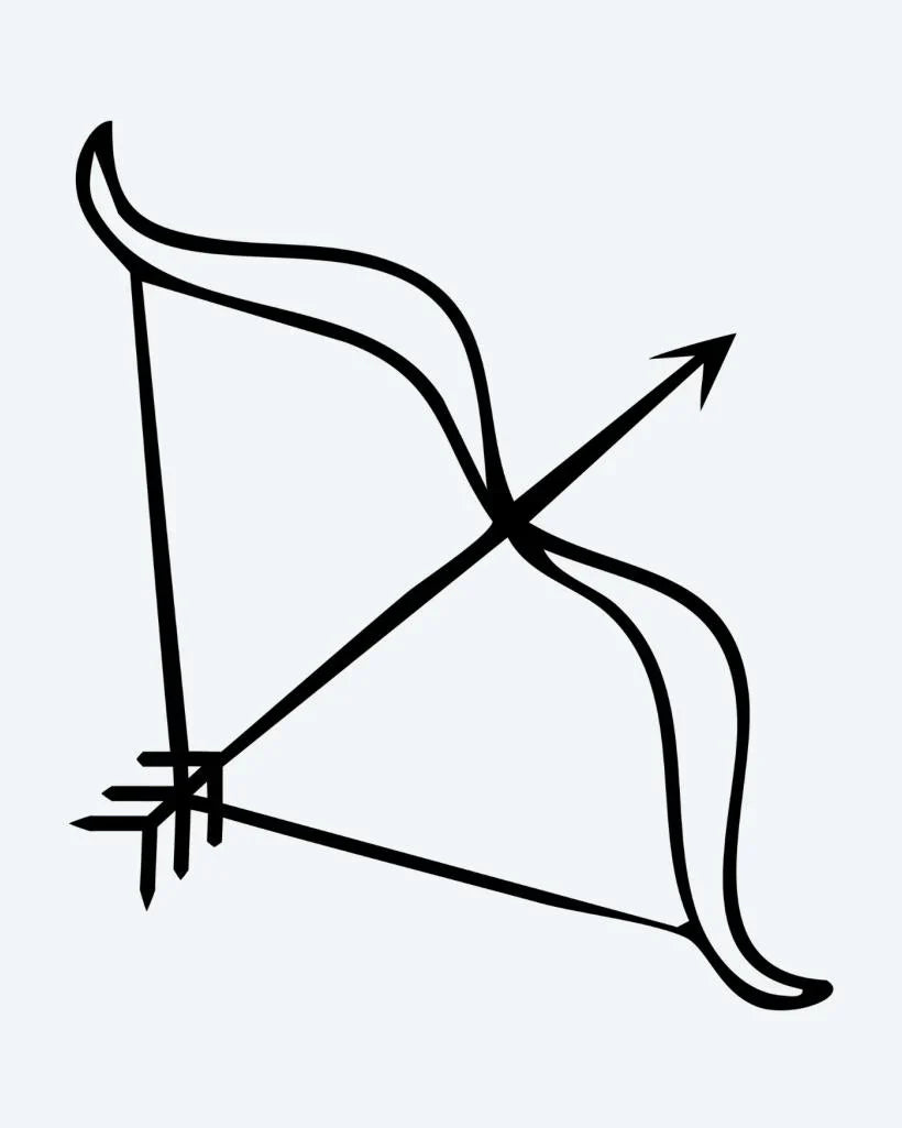 Design del tatuaggio semi-permanente Bow & Arrow di INKON – illustrazione di arco e freccia disegnati a mano, 2 x 2 in (5x5cm), disponibile su inkon.co