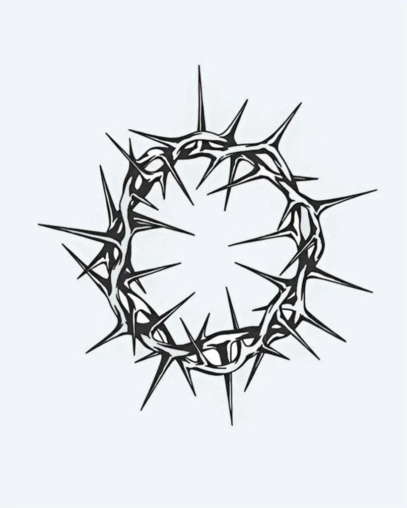 Design del tatuaggio semi-permanente Corona di Spine di INKON – illustrazione corona, spine, cerchio, affilate, punte, 4 x 4 in (9x9cm), disponibile su inkon.co