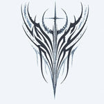 Design del tatuaggio semi-permanente Tribal Wings & Cross di INKON – illustrazione simmetrico, tribali, ali, falce, luna, 4 x 8 in (11x21cm), disponibile su inkon.co