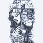 Design del tatuaggio semi-permanente Donna in Preghiera, Leone e Croce di INKON – illustrazione in preghiera, donna, leone, volto, divisa, 4 x 7 in (10x17cm), disponibile su inkon.co