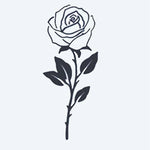 Design del tatuaggio semi-permanente Single Stem Rose di INKON – illustrazione singolo, stelo, rosa, petali, foglie, 2 x 2 in (5x5cm), disponibile su inkon.co