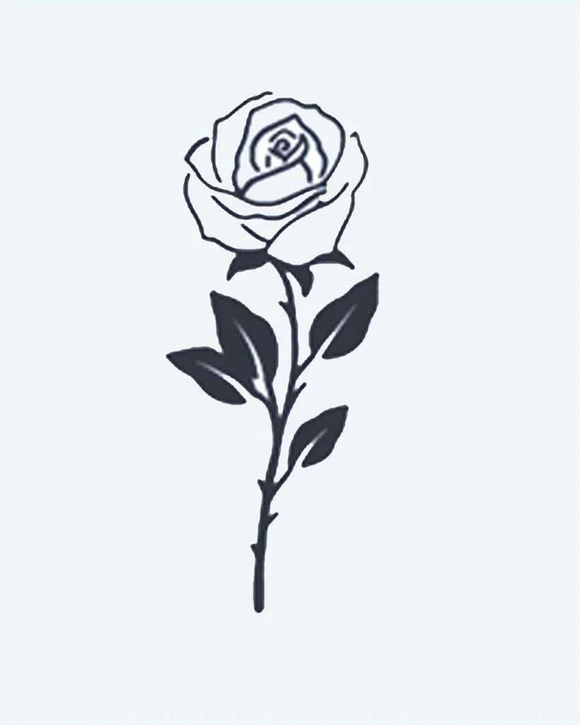 Design del tatuaggio semi-permanente Single Stem Rose di INKON – illustrazione singolo, stelo, rosa, petali, foglie, 2 x 2 in (5x5cm), disponibile su inkon.co