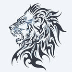 Design del tatuaggio semi-permanente Profilo di Leone Tribale di INKON – illustrazione ruggente, leone, testa, fluente, tribale, 4 x 7 in (10x17cm), disponibile su inkon.co