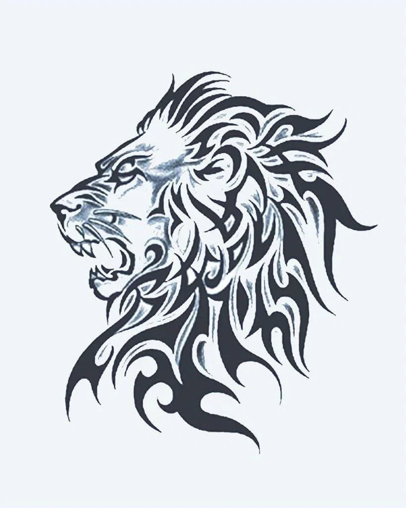 Design del tatuaggio semi-permanente Profilo di Leone Tribale di INKON – illustrazione ruggente, leone, testa, fluente, tribale, 4 x 7 in (10x17cm), disponibile su inkon.co
