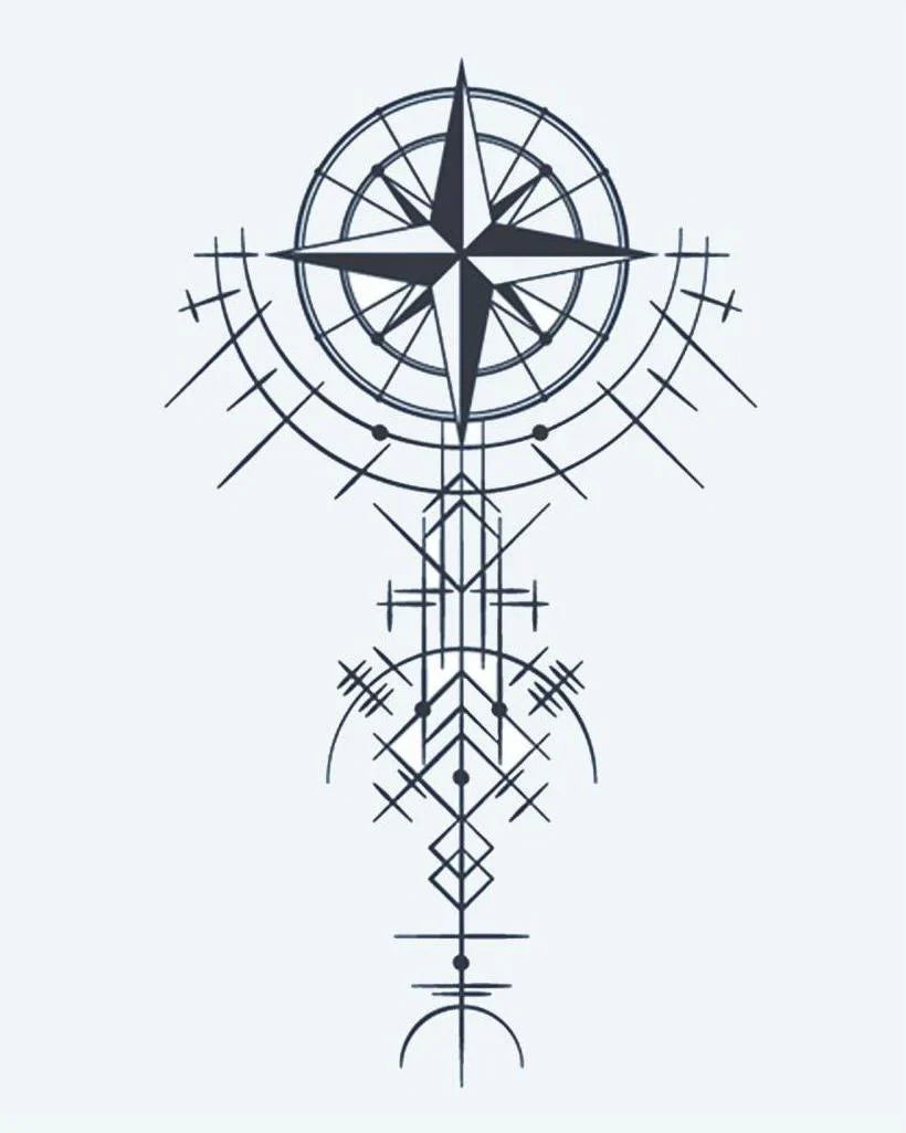 Design del tatuaggio semi-permanente Rosa dei Venti Geometrica di INKON – illustrazione bussola, stella, geometrico, linea, motivi, 4 x 7 in (10x17cm), disponibile su inkon.co