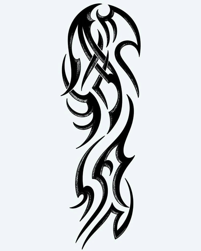 Design del tatuaggio semi-permanente Flowing Tribal Sleeve di INKON – illustrazione tribale dinamica con curve fluide, 8 x 20 in (20x50cm), disponibile su inkon.co
