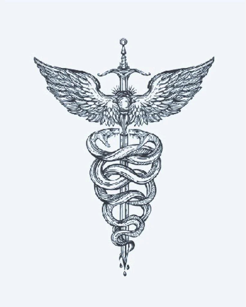 Design del tatuaggio semi-permanente Caduceus Serpents & Sword di INKON – illustrazione elaborato, serpenti, attorcigliati, alata, spada, 3 x 4 in (7x10cm), disponibile su inkon.co