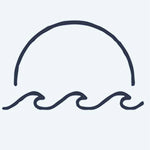 Design del tatuaggio semi-permanente Sunset & Waves di INKON – illustrazione di mezzo sole minimalista sulle onde dell'oceano, 2 x 2 in (5x5cm), disponibile su inkon.co