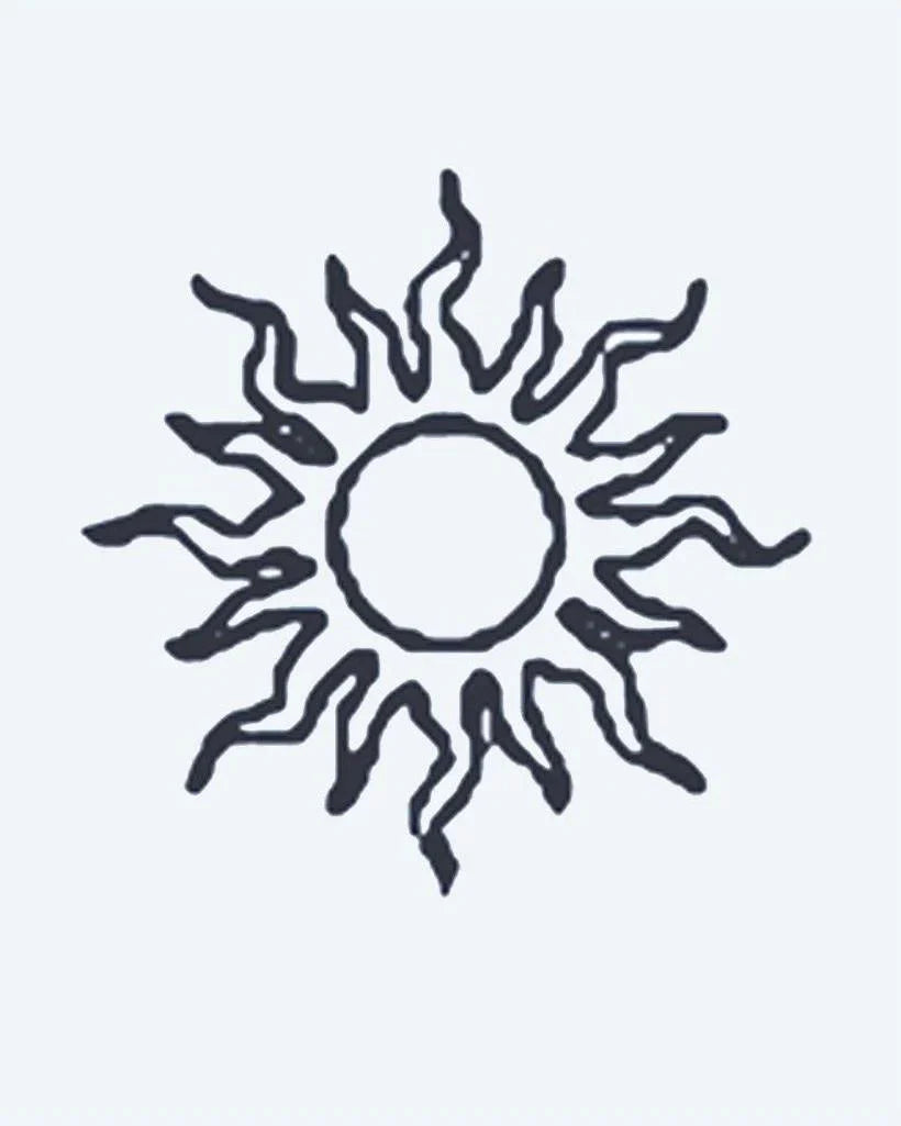 Design del tatuaggio semi-permanente Sun di INKON – illustrazione ondulati, organici, raggi, irradiano, circolare, 2 x 2 in (5x5cm), disponibile su inkon.co