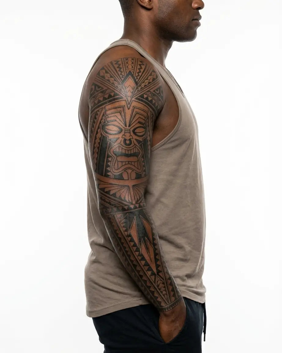 Tatuaggio semi-permanente INKON Polynesian Tiki Warrior applicato su un uomo – design 8 x 20 in (20x50cm), aspetto realistico dell'inchiostro, dura 10 giorni
