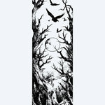 Design del tatuaggio semi-permanente Dark Forest & Ravens di INKON – illustrazione atmosferico, contorti, spogli, alberi, corvi, 8 x 20 in (20x50cm), disponibile su inkon.co