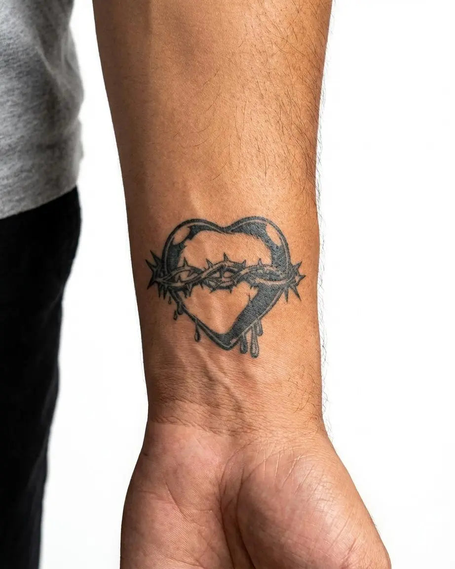 Tatuaggio semi-permanente INKON Sacred Heart & Thorns applicato su un uomo – design 2 x 2 in (5x5cm), aspetto realistico dell'inchiostro, dura 10 giorni