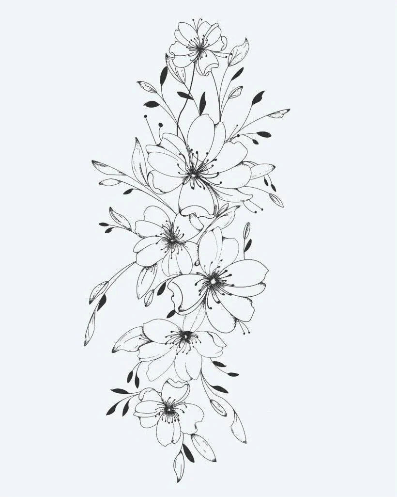 Design del tatuaggio semi-permanente Cascata di Fiori di Ciliegio di INKON – illustrazione delicata, verticale, cascata, ciliegio, fiore, 4 x 7 in (10x17cm), disponibile su inkon.co