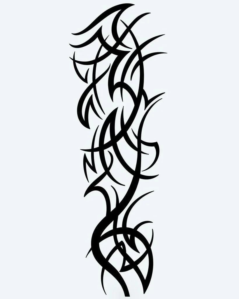 Design del tatuaggio semi-permanente Tribal Thorns di INKON – illustrazione tribale con viticci spinosi intrecciati, 8 x 20 in (20x50cm), disponibile su inkon.co