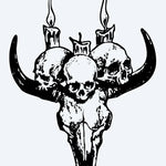 Design del tatuaggio semi-permanente Bull Skull & Candles di INKON – illustrazione rituale, toro, teschio, incoronato, umano, 4 x 4 in (9x9cm), disponibile su inkon.co