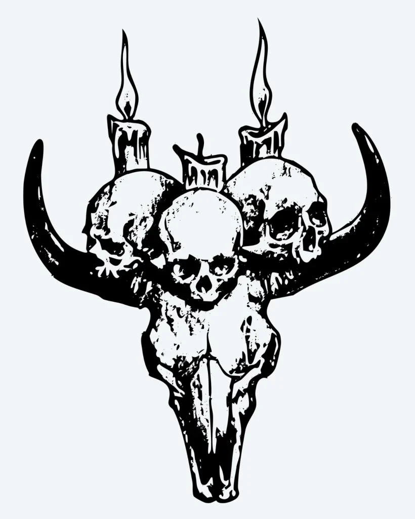 Design del tatuaggio semi-permanente Bull Skull & Candles di INKON – illustrazione rituale, toro, teschio, incoronato, umano, 4 x 4 in (9x9cm), disponibile su inkon.co