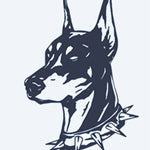 Design del tatuaggio semi-permanente Doberman Portrait di INKON – illustrazione di ritratto della testa di un Doberman con collare chiodato, 2 x 2 in (5x5cm), disponibile su inkon.co