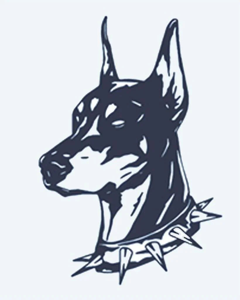 Design del tatuaggio semi-permanente Doberman Portrait di INKON – illustrazione di ritratto della testa di un Doberman con collare chiodato, 2 x 2 in (5x5cm), disponibile su inkon.co
