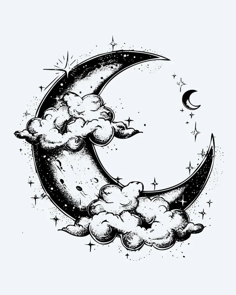 Design del tatuaggio semi-permanente Crescent Moon & Clouds di INKON – illustrazione sognante, falce, luna, cullata, soffici, 4 x 4 in (9x9cm), disponibile su inkon.co