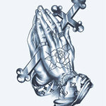 Design del tatuaggio semi-permanente Mani in Preghiera e Rosario di INKON – illustrazione preghiera, mani, stringono, croce, rosario, 4 x 7 in (10x17cm), disponibile su inkon.co