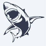 Design del tatuaggio semi-permanente Great White Shark di INKON – illustrazione di grande squalo bianco con fauci aperte, 2 x 2 in (5x5cm), disponibile su inkon.co