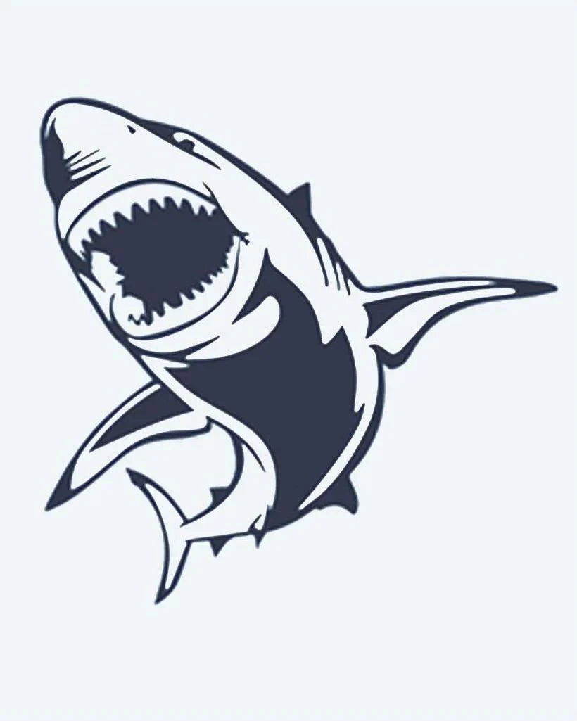Design del tatuaggio semi-permanente Great White Shark di INKON – illustrazione di grande squalo bianco con fauci aperte, 2 x 2 in (5x5cm), disponibile su inkon.co