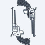 Design del tatuaggio semi-permanente Doppie Rivoltelle di INKON – illustrazione coppia, vintage, rivoltelle, rivolte, opposte, 4 x 7 in (10x17cm), disponibile su inkon.co