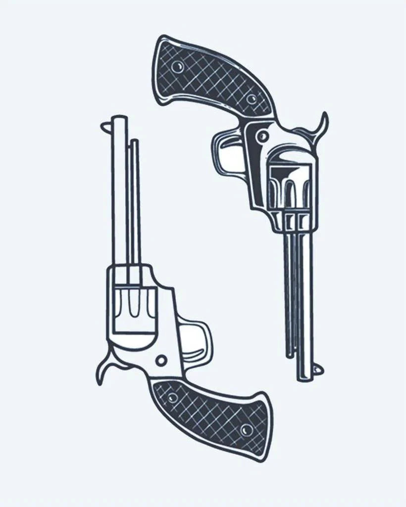 Design del tatuaggio semi-permanente Doppie Rivoltelle di INKON – illustrazione coppia, vintage, rivoltelle, rivolte, opposte, 4 x 7 in (10x17cm), disponibile su inkon.co